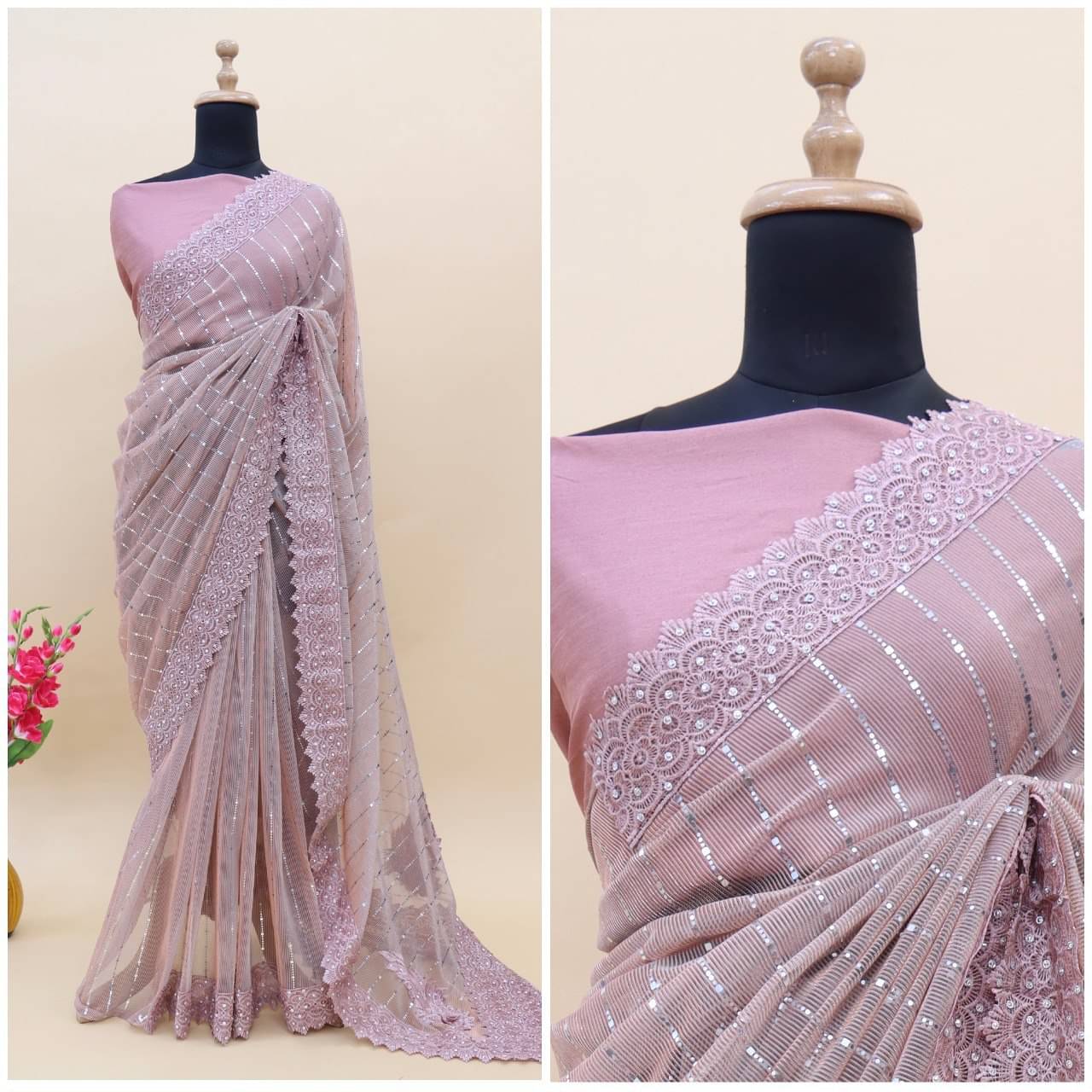     			SATVASHIV Lycra Embellished Regular Saree With Unstitched Blouse Piece ( Pink )