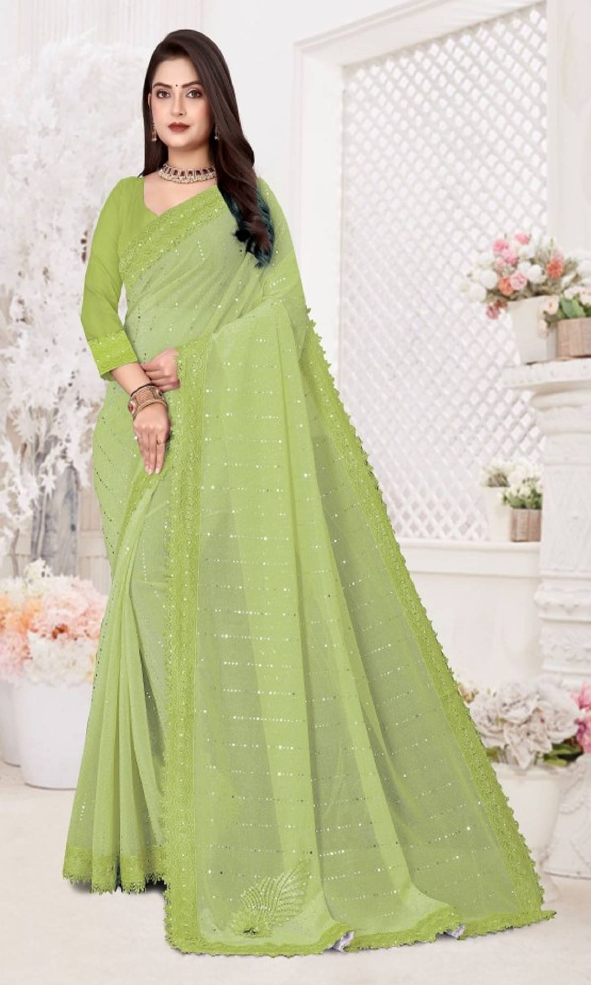    			SATVASHIV Lycra Embellished Regular Saree With Unstitched Blouse Piece ( Sea Green )