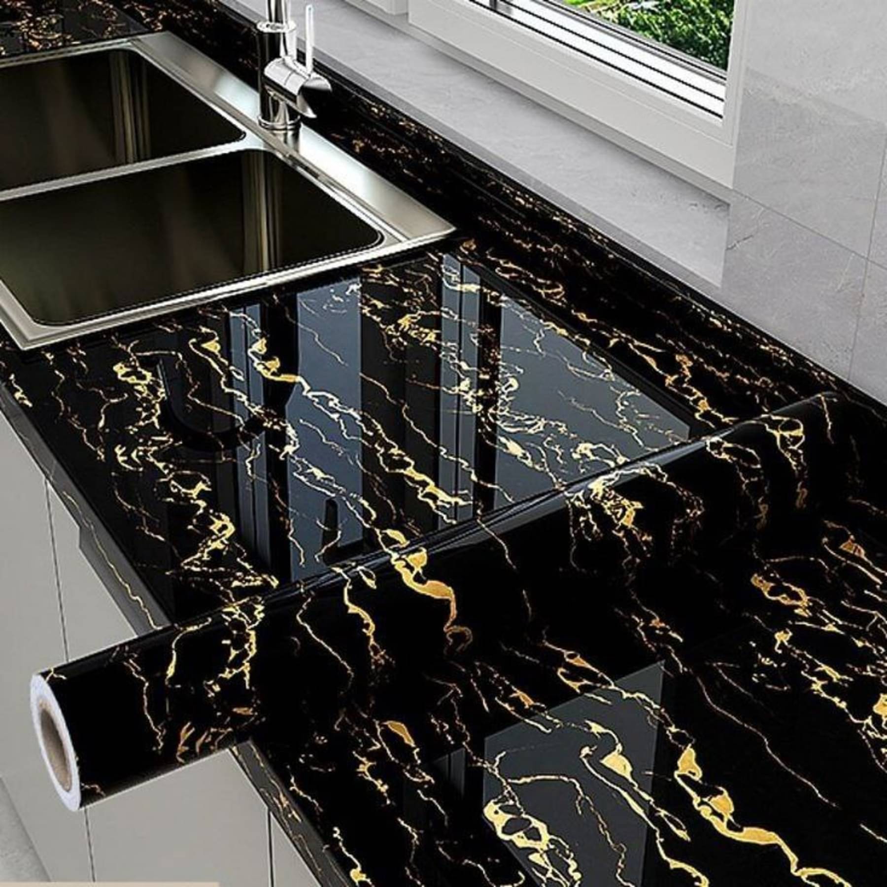     			Sekhmet Black Marbal Self-Adhesive Wallpaper Waterproof Old Furniture Vinyl Stickers Wooden Door Wardrobe Desktop PVC Wall Papers(60*200)