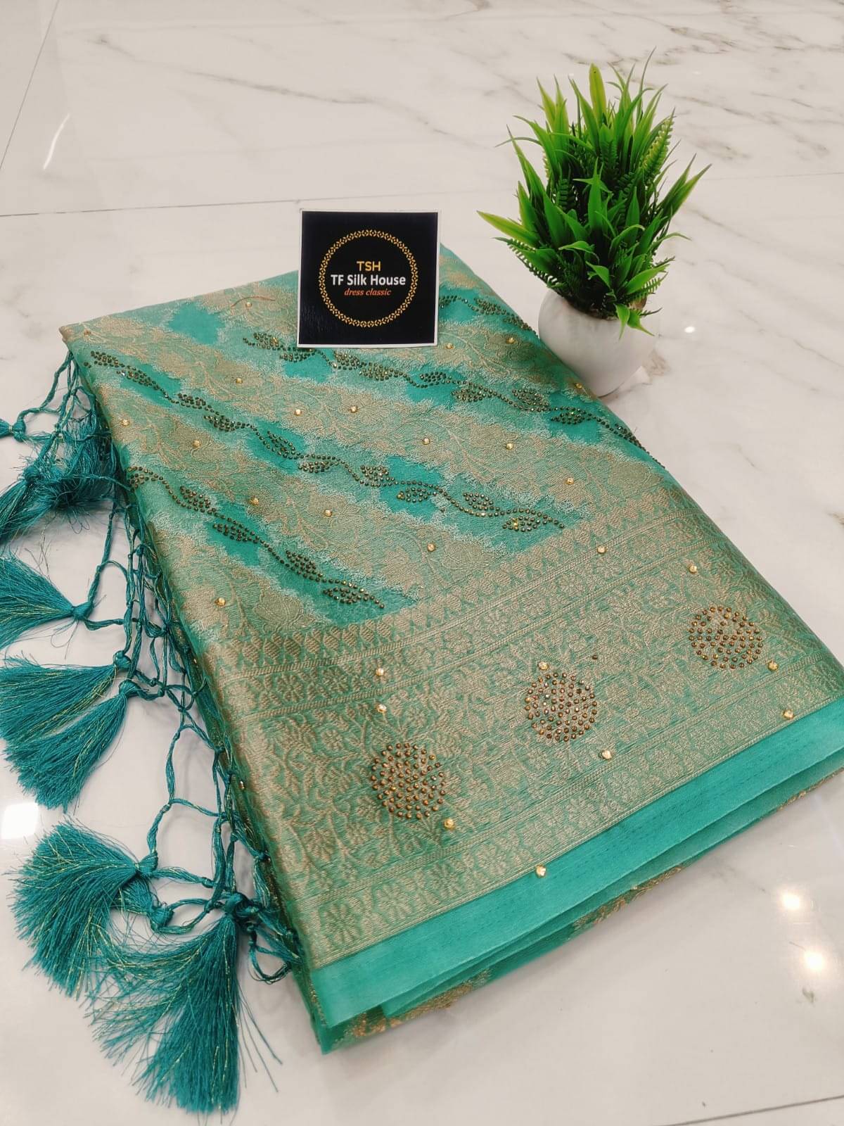     			TF SILK HOUSE Organza Dyed Banarasi saree With Unstitched Blouse Piece ( Light Green )