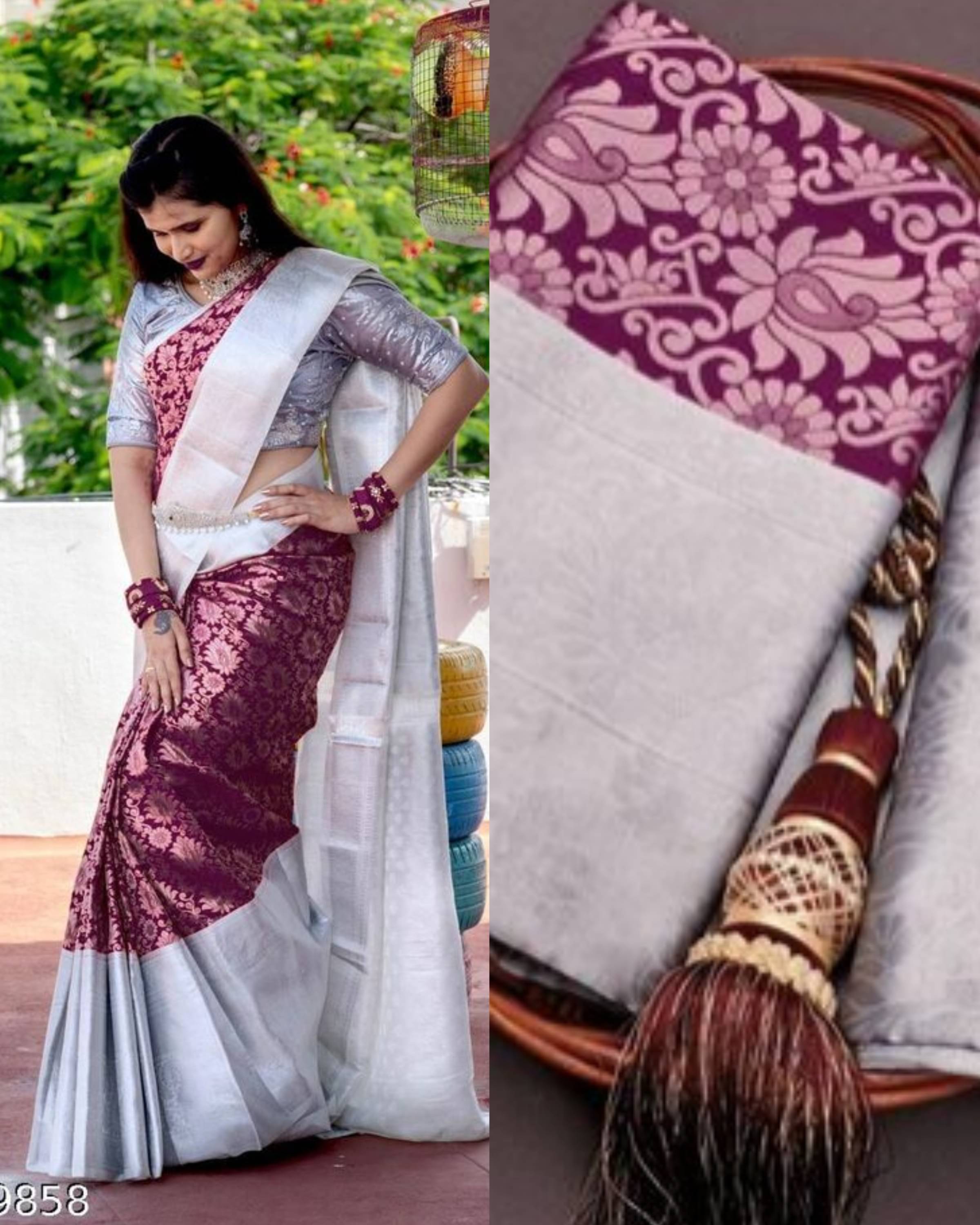     			THE PRIVATE LABLE Silk Blend Printed Banarasi saree With Unstitched Blouse Piece ( Wine )