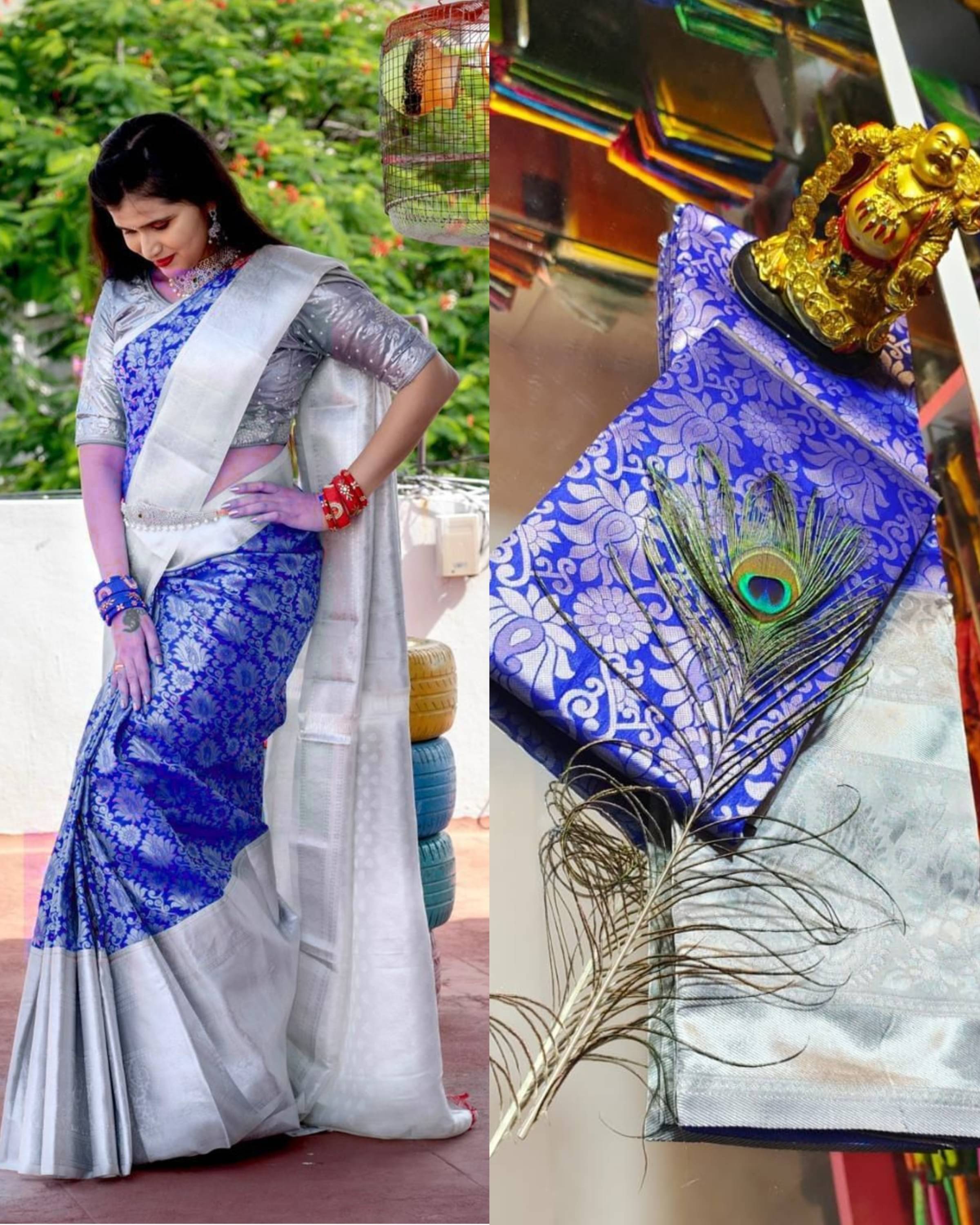 THE PRIVATE LABLE Silk Blend Printed Banarasi saree With Unstitched Blouse Piece ( Blue ) THE PRIVATE LABLE Silk Blend Printed Banarasi saree With Unstitched Blouse Piece ( Blue )
