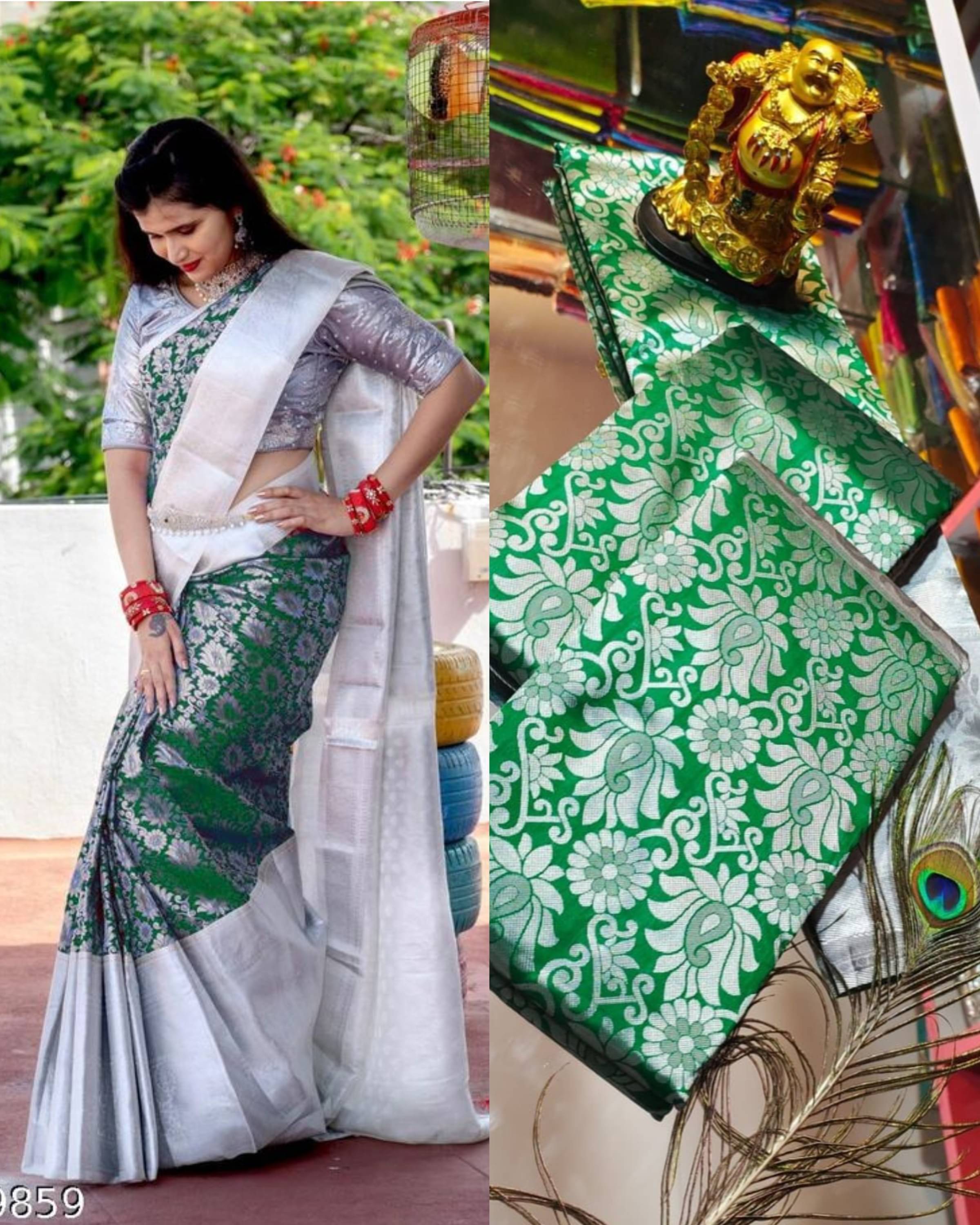 THE PRIVATE LABLE Silk Blend Printed Banarasi saree With Unstitched Blouse Piece ( Green ) THE PRIVATE LABLE Silk Blend Printed Banarasi saree With Unstitched Blouse Piece ( Green )