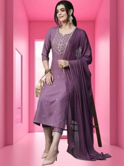    			TRIONZA Women Rayon Embroidered A-line Kurti With Pants ( Lavendar )