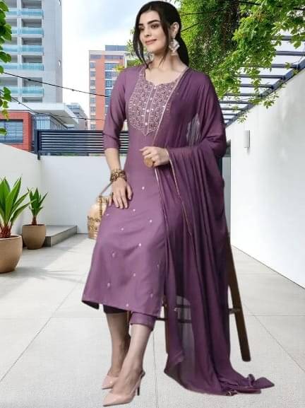     			TRIONZA Women Rayon Embroidered A-line Kurti With Pants ( Lavendar )