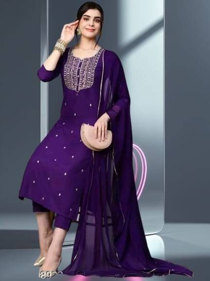     			TRIONZA Women Rayon Embroidered A-line Kurti With Pants ( Purple )