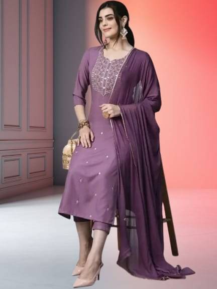 TRIONZA Women Rayon Embroidered A-line Kurti With Pants ( Lavendar )     			TRIONZA Women Rayon Embroidered A-line Kurti With Pants ( Lavendar )