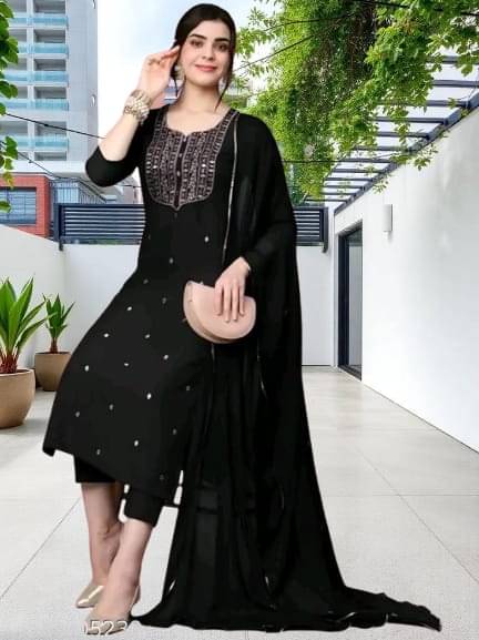TRIONZA Women Rayon Embroidered A-line Kurti With Pants ( Black ) TRIONZA Women Rayon Embroidered A-line Kurti With Pants ( Black )