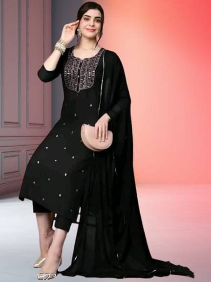     			TRIONZA Women Rayon Embroidered A-line Kurti With Pants ( Black )