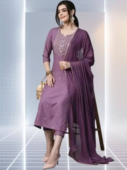 TRIONZA Women Rayon Embroidered A-line Kurti With Pants ( Lavendar )     			TRIONZA Women Rayon Embroidered A-line Kurti With Pants ( Lavendar )