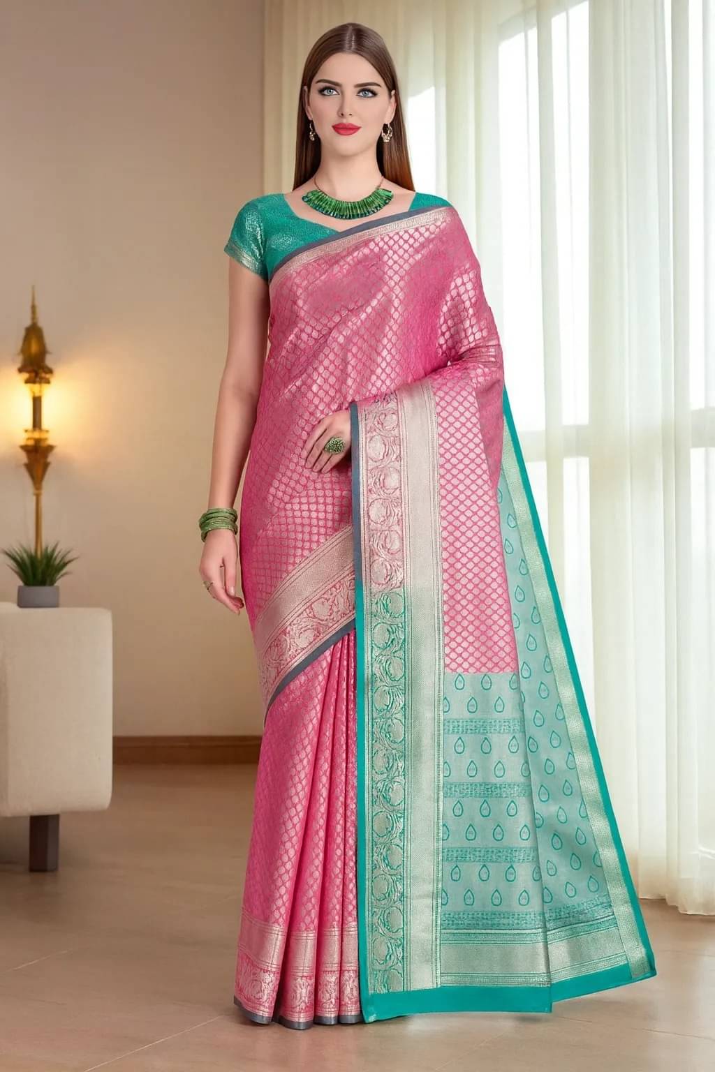 Traquila Silk Printed Banarasi saree With Unstitched Blouse Piece ( Pink )     			Traquila Silk Printed Banarasi saree With Unstitched Blouse Piece ( Pink )