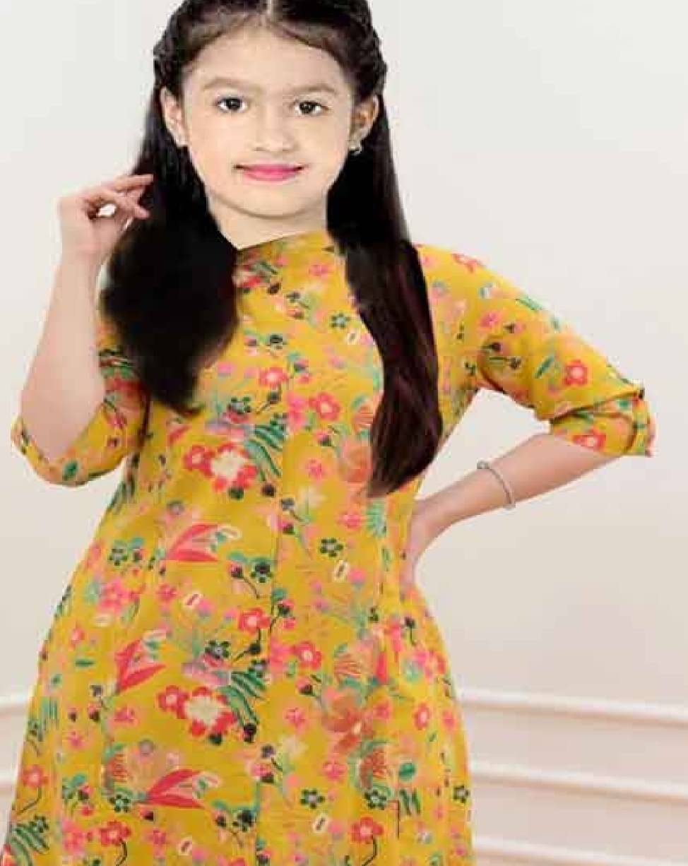Various Vault Girls Cotton Blend Kurti with Pants ( Pack of 1 , Yellow ) Various Vault Girls Cotton Blend Kurti with Pants ( Pack of 1 , Yellow )
