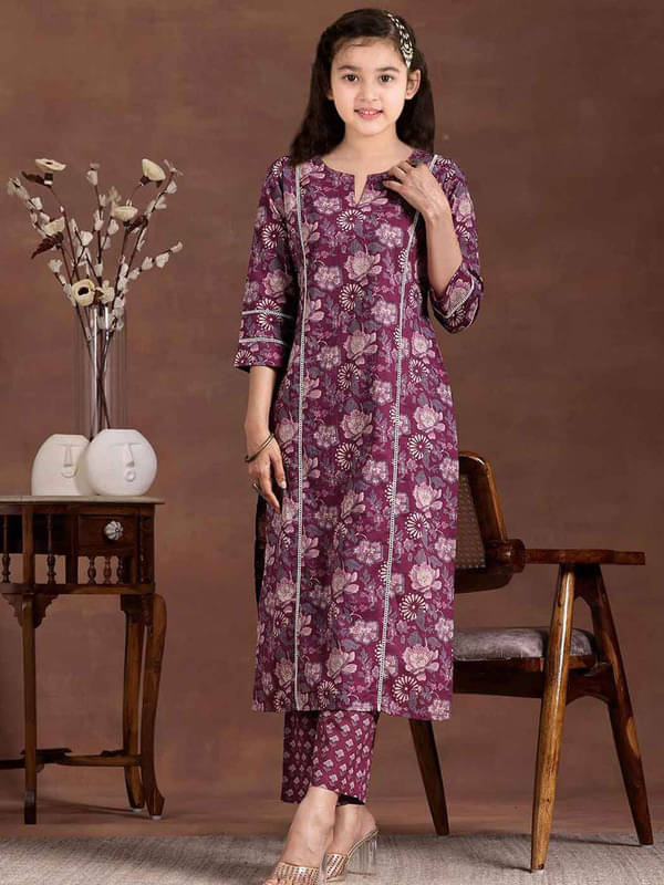     			Various Vault Girls Cotton Blend Kurti with Pants ( Pack of 1 , Blue )