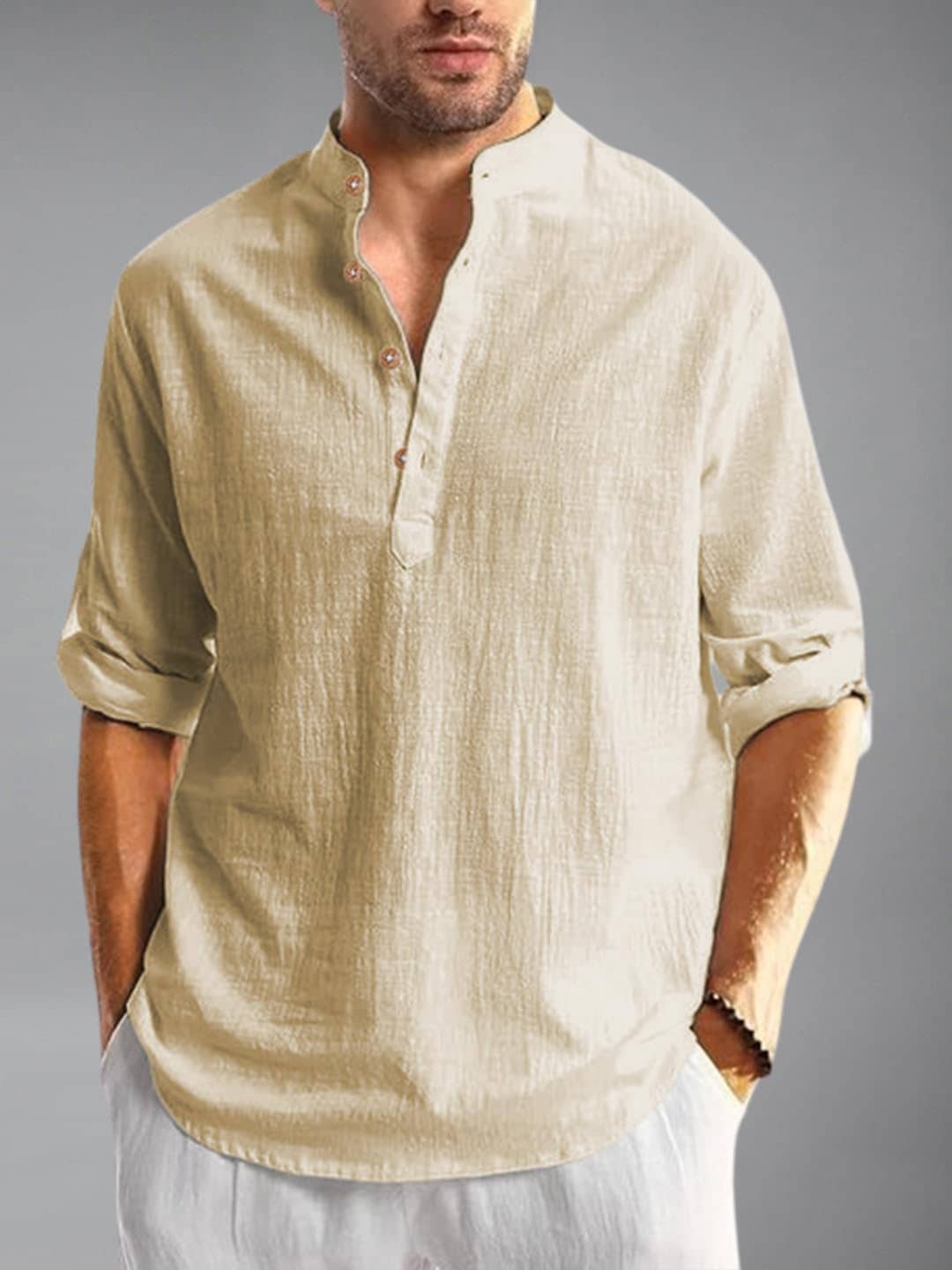 Yugnik Cotton Blend Plain Shirt Style Kurta For Men ( Beige ) - Kurtas & Kurta Sets | Buy online on ZillyBuy