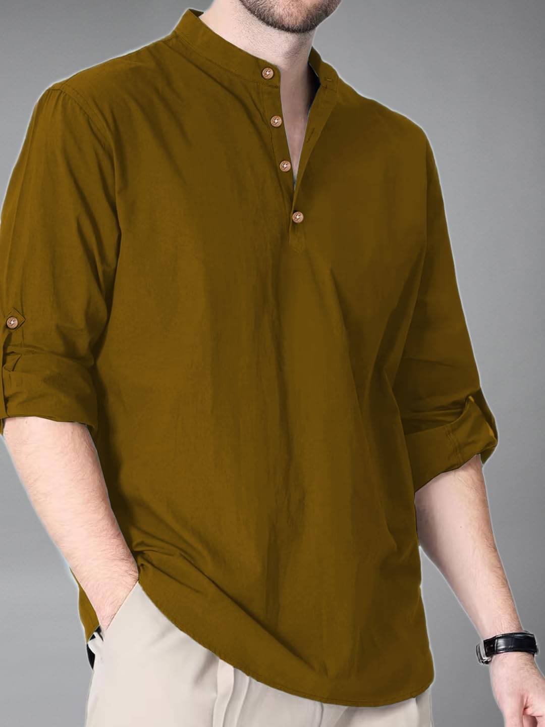     			Yugnik Brown Cotton Blend Men's Shirt Style Kurta ( Pack of 1 )