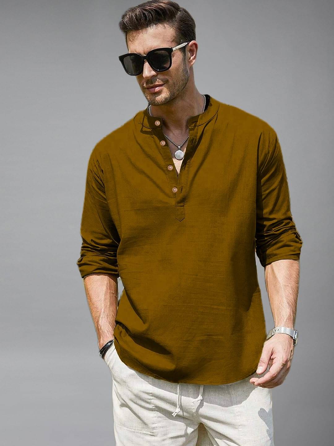     			Yugnik Brown Cotton Blend Men's Shirt Style Kurta ( Pack of 1 )