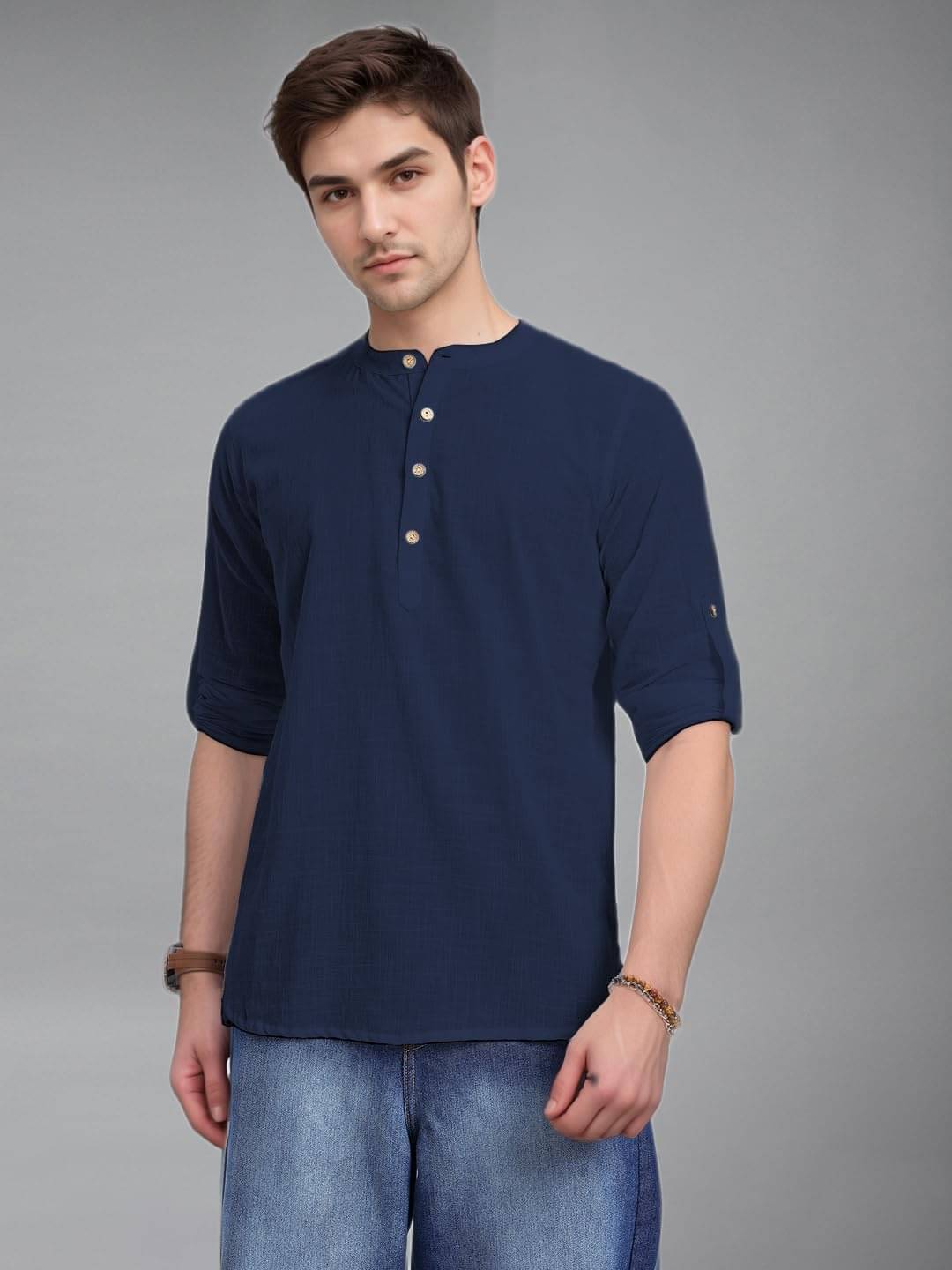    			Yugnik Navy Blue Cotton Blend Men's Shirt Style Kurta ( Pack of 1 )
