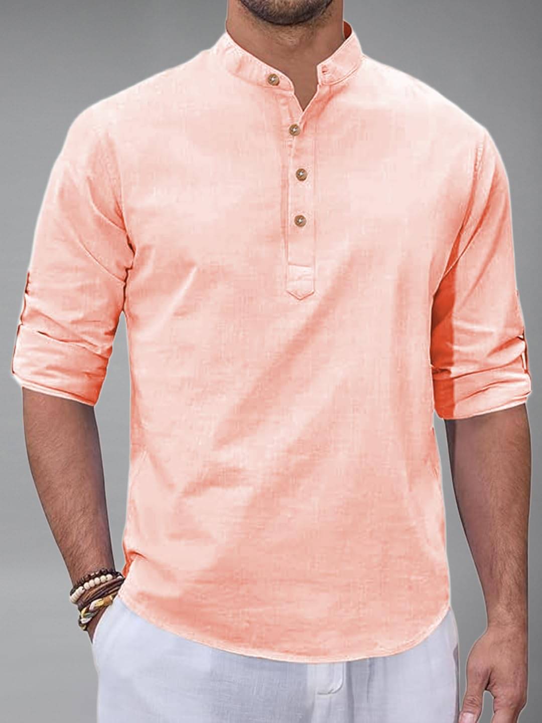 Yugnik Peach Cotton Blend Men's Shirt Style Kurta ( Pack of 1 ) Yugnik Peach Cotton Blend Men's Shirt Style Kurta ( Pack of 1 )