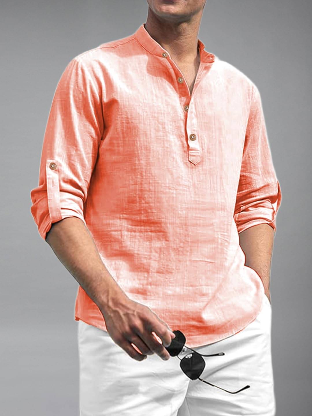 Yugnik Peach Cotton Blend Men's Shirt Style Kurta ( Pack of 1 ) Yugnik Peach Cotton Blend Men's Shirt Style Kurta ( Pack of 1 )