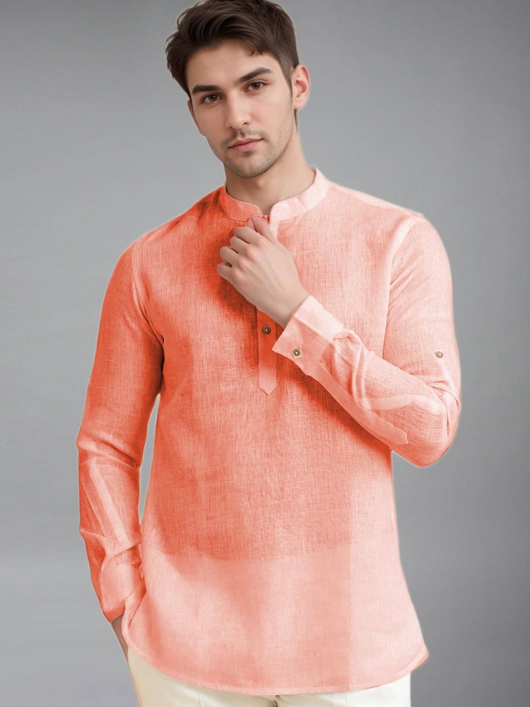 Yugnik Peach Cotton Blend Men's Shirt Style Kurta ( Pack of 1 ) Yugnik Peach Cotton Blend Men's Shirt Style Kurta ( Pack of 1 )