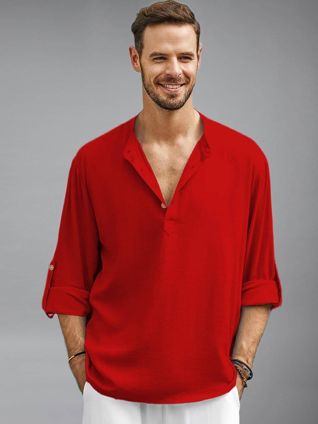 Yugnik Red Cotton Blend Men's Shirt Style Kurta ( Pack of 1 ) Yugnik Red Cotton Blend Men's Shirt Style Kurta ( Pack of 1 )