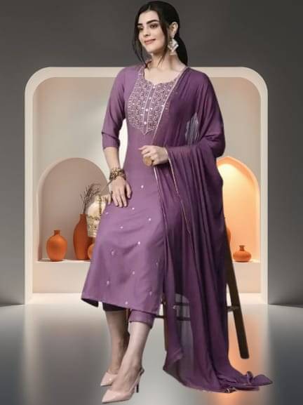     			Zorista Women Rayon Embroidered A-line Kurti With Pants ( Lavendar )