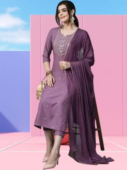     			Zorista Women Rayon Embroidered A-line Kurti With Pants ( Lavendar )