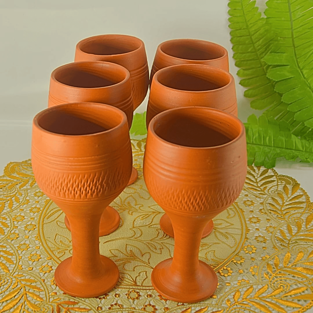     			klassy finds clay wine glass-005 Terracotta Plain Glasses 250 ml ( Pack of 6 ) Orange