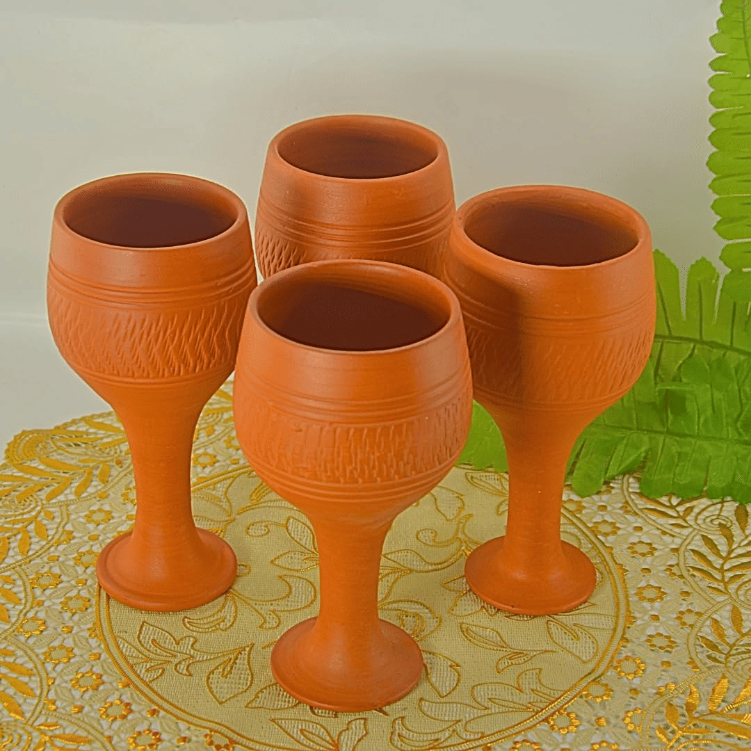     			klassy finds clay wine glass-004 Terracotta Plain Glasses 250 ml ( Pack of 4 ) Orange