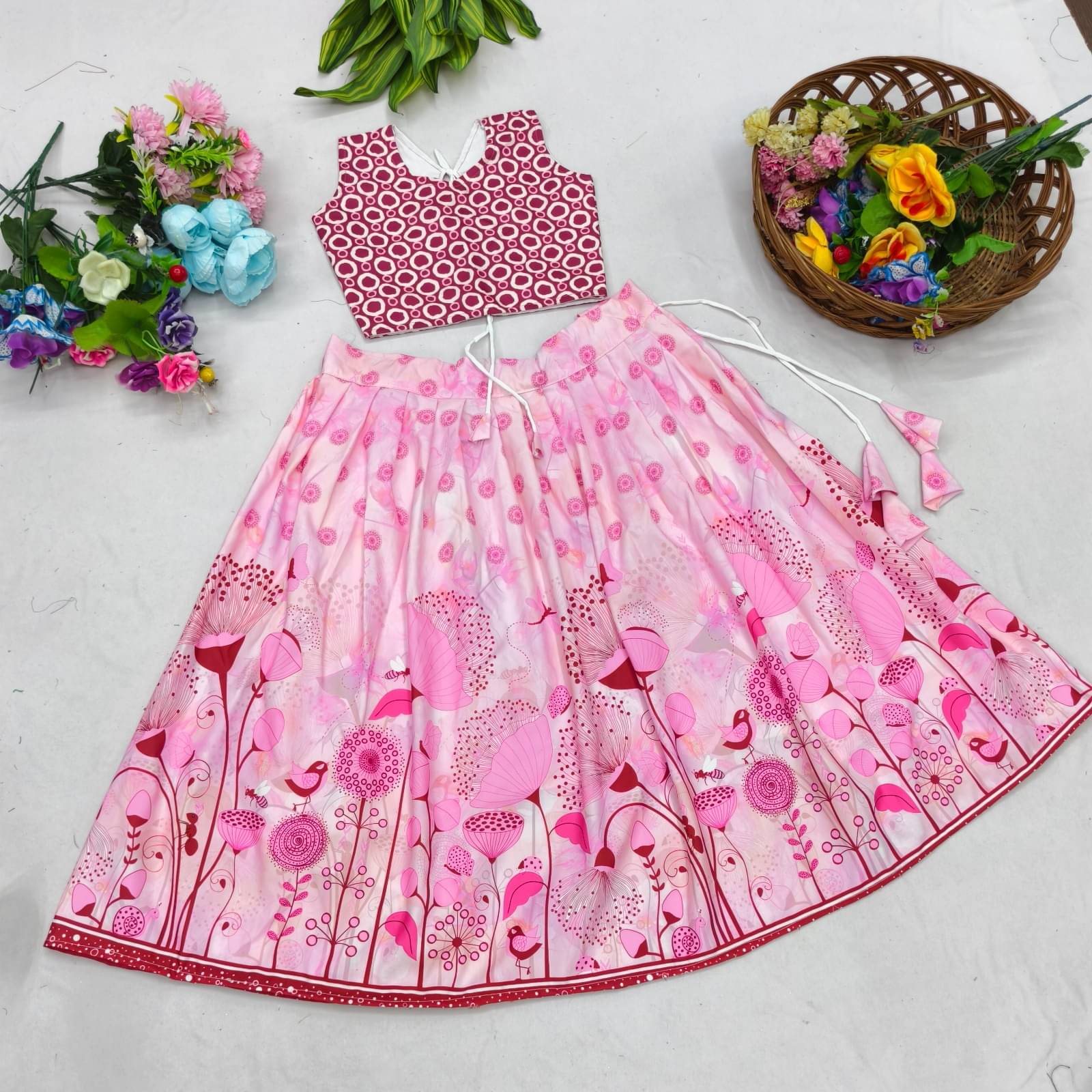     			shree sai creation Rayon Lehenga Choli Set For Girls ( Pack of 1 , Pink )