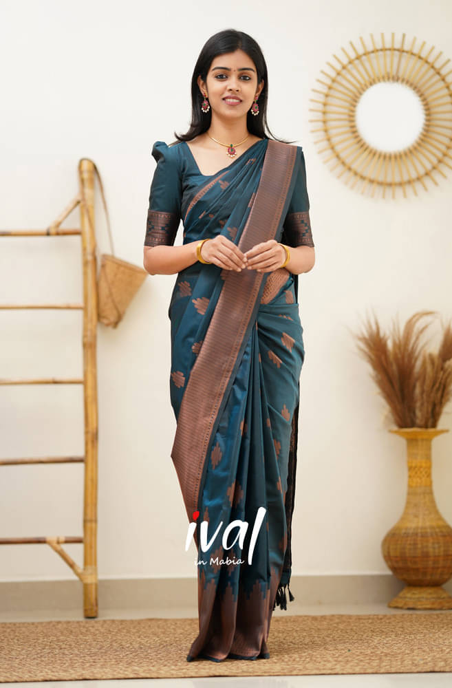     			INDIAN SILKS Silk Blend Printed Banarasi saree With Unstitched Blouse Piece ( Blue )