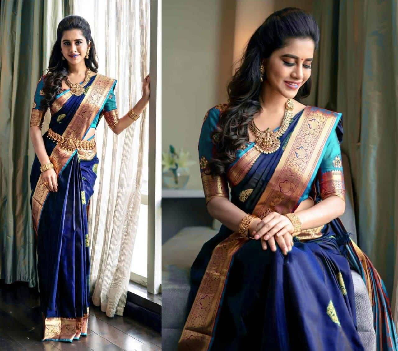 INDIAN SILKS Silk Blend Printed Banarasi saree With Unstitched Blouse Piece ( Blue ) INDIAN SILKS Silk Blend Printed Banarasi saree With Unstitched Blouse Piece ( Blue )