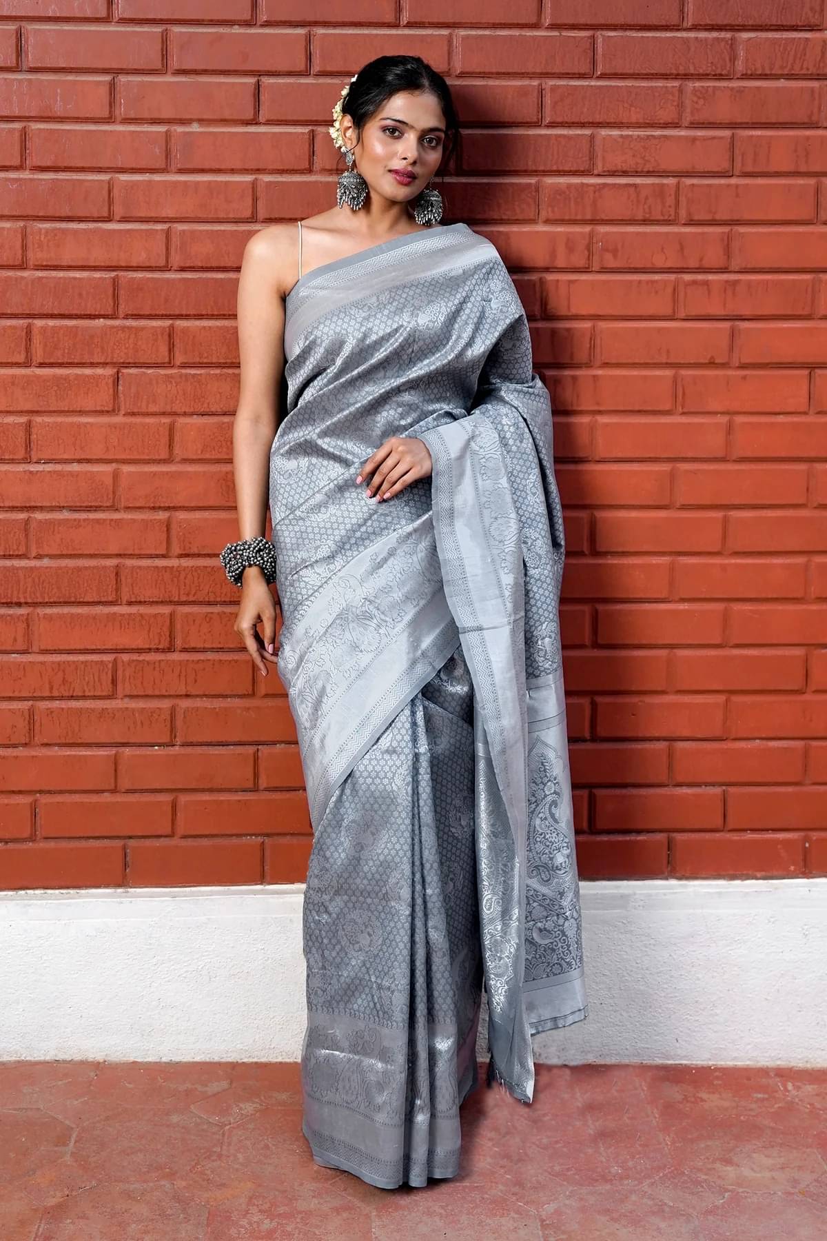 INDIAN SILKS Silk Printed Banarasi saree With Unstitched Blouse Piece ( Grey ) INDIAN SILKS Silk Printed Banarasi saree With Unstitched Blouse Piece ( Grey )