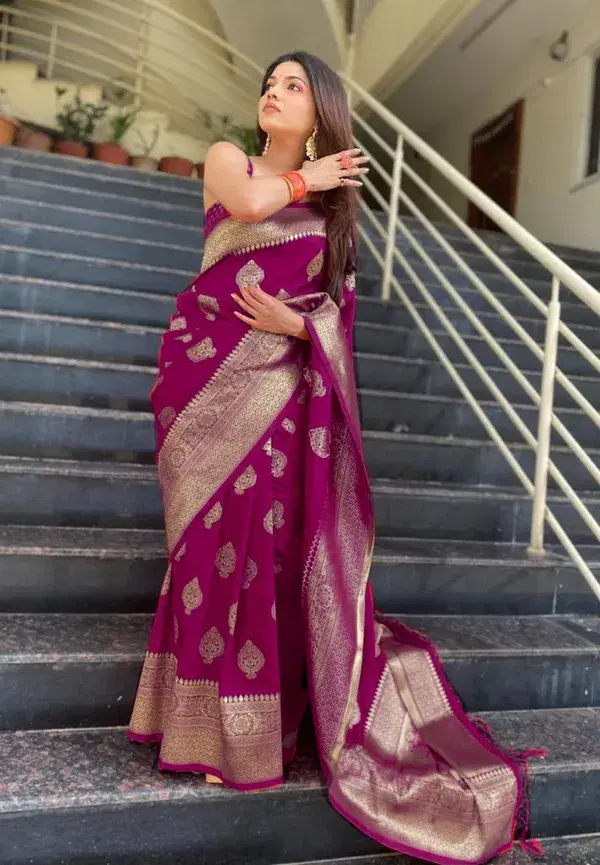 INDIAN SILKS Silk Printed Banarasi saree With Unstitched Blouse Piece ( Wine ) - Sarees | Buy online on ZillyBuy