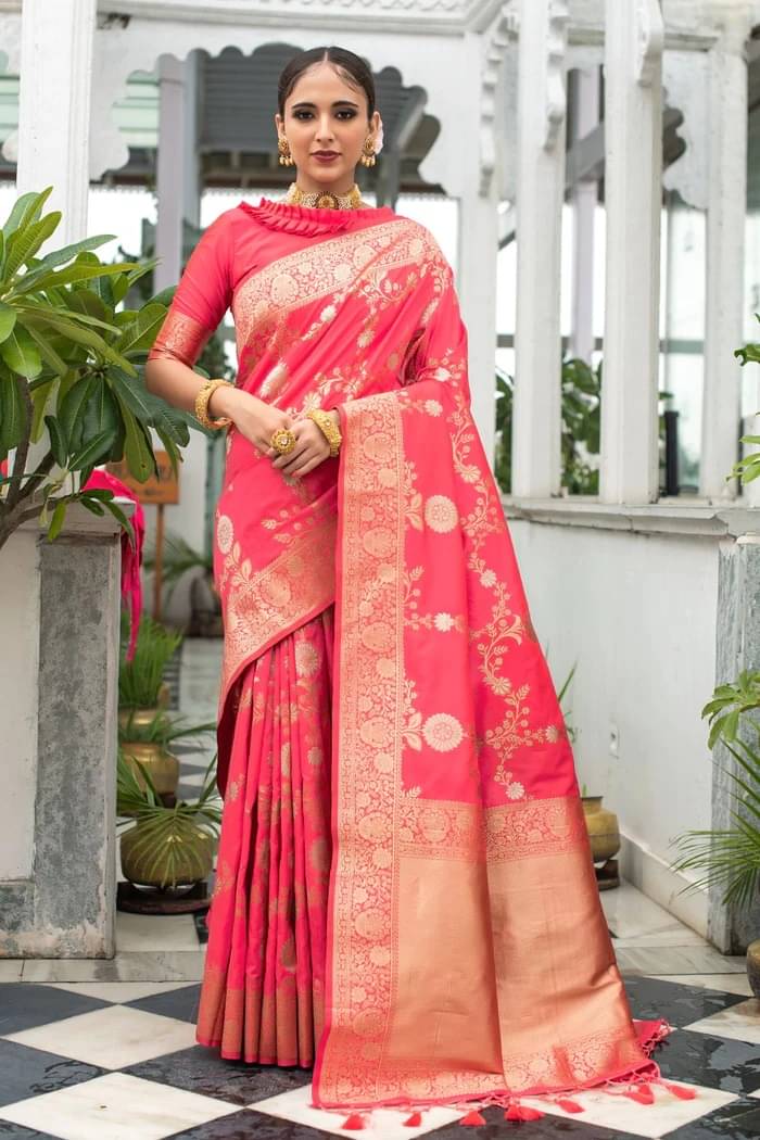 INDIAN SILKS Silk Printed Banarasi saree With Unstitched Blouse Piece ( Pink ) INDIAN SILKS Silk Printed Banarasi saree With Unstitched Blouse Piece ( Pink )