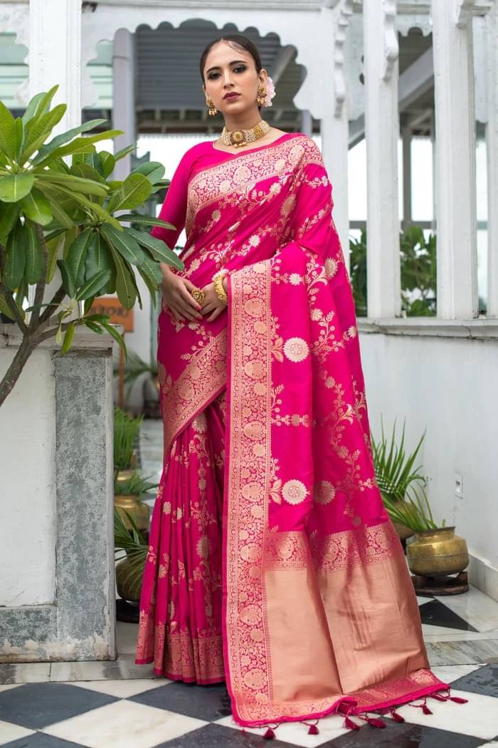 INDIAN SILKS Silk Printed Banarasi saree With Unstitched Blouse Piece ( Magenta ) INDIAN SILKS Silk Printed Banarasi saree With Unstitched Blouse Piece ( Magenta )