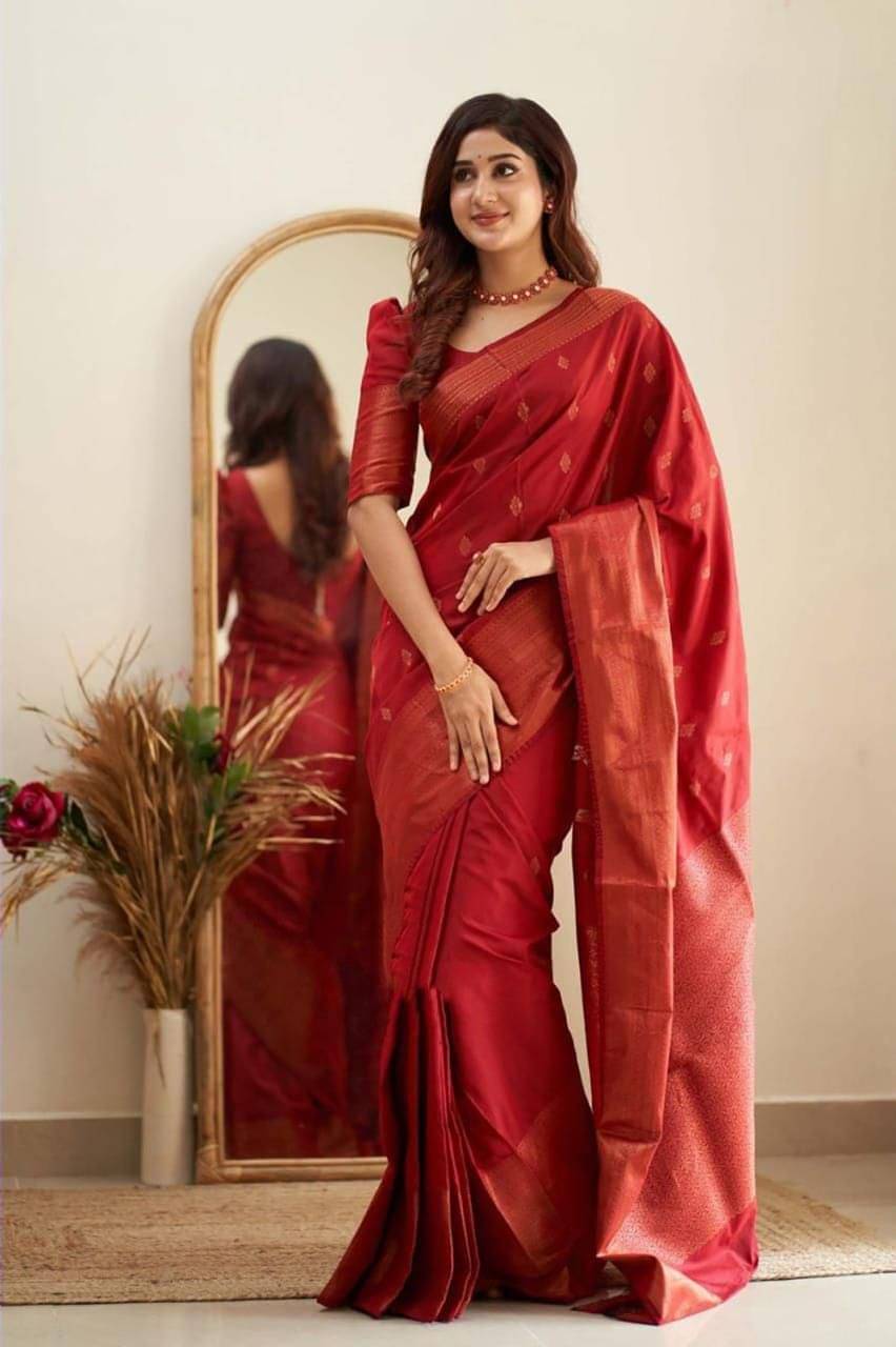 INDIAN SILKS Silk Printed Banarasi saree With Unstitched Blouse Piece ( Red ) INDIAN SILKS Silk Printed Banarasi saree With Unstitched Blouse Piece ( Red )