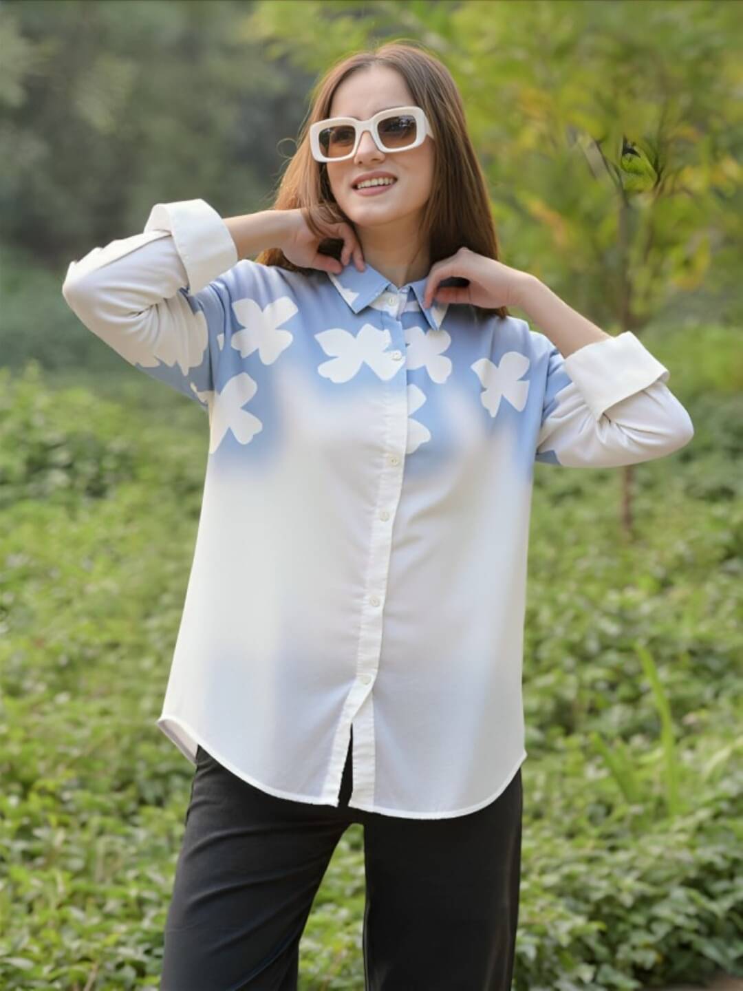 MAYKR Women Printed Cotton Shirt ( Blue )     			MAYKR Women Printed Cotton Shirt ( Blue )