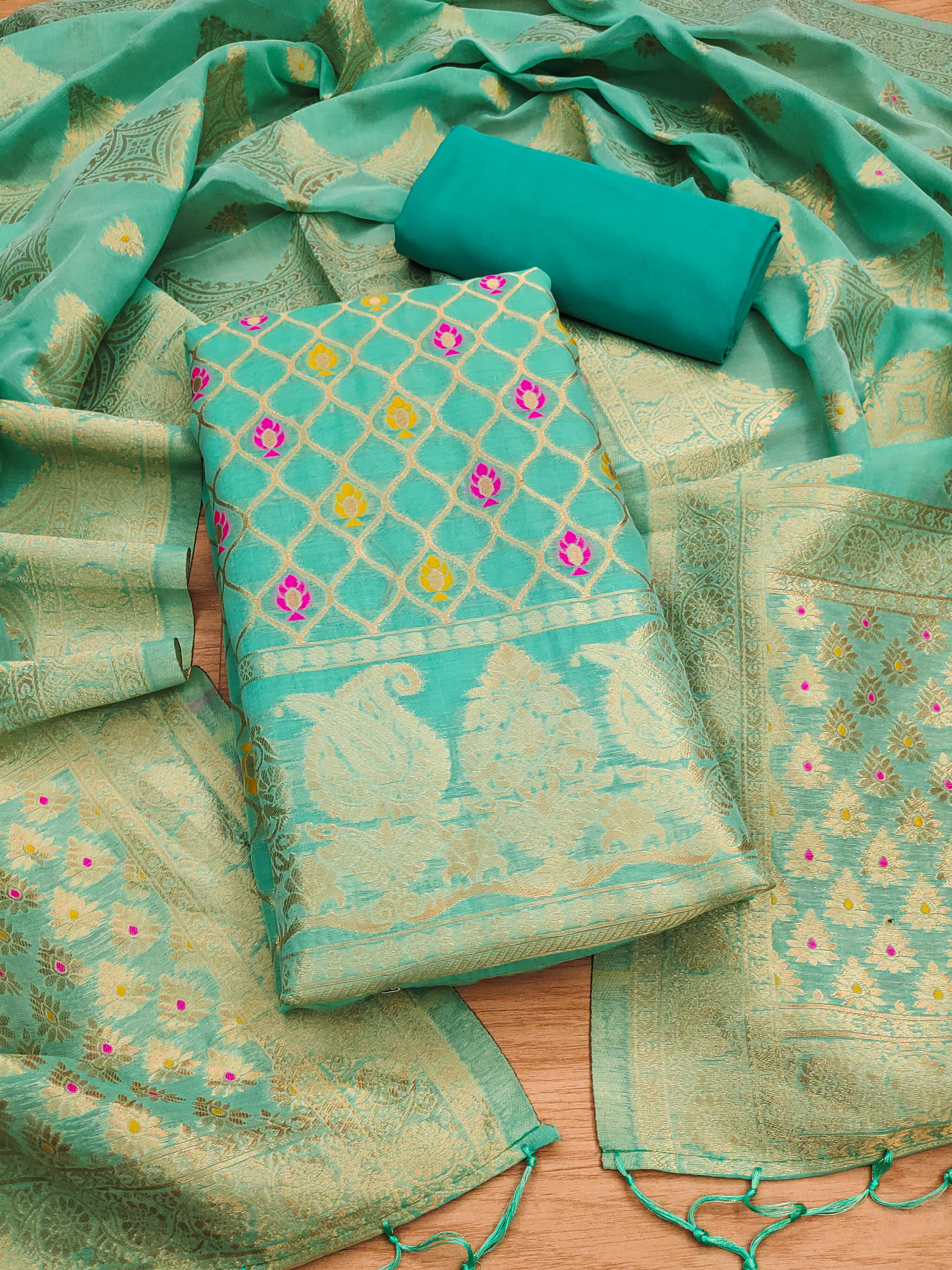     			Panbai sarees Women Chanderi Unstitched Dress Material ( Green )
