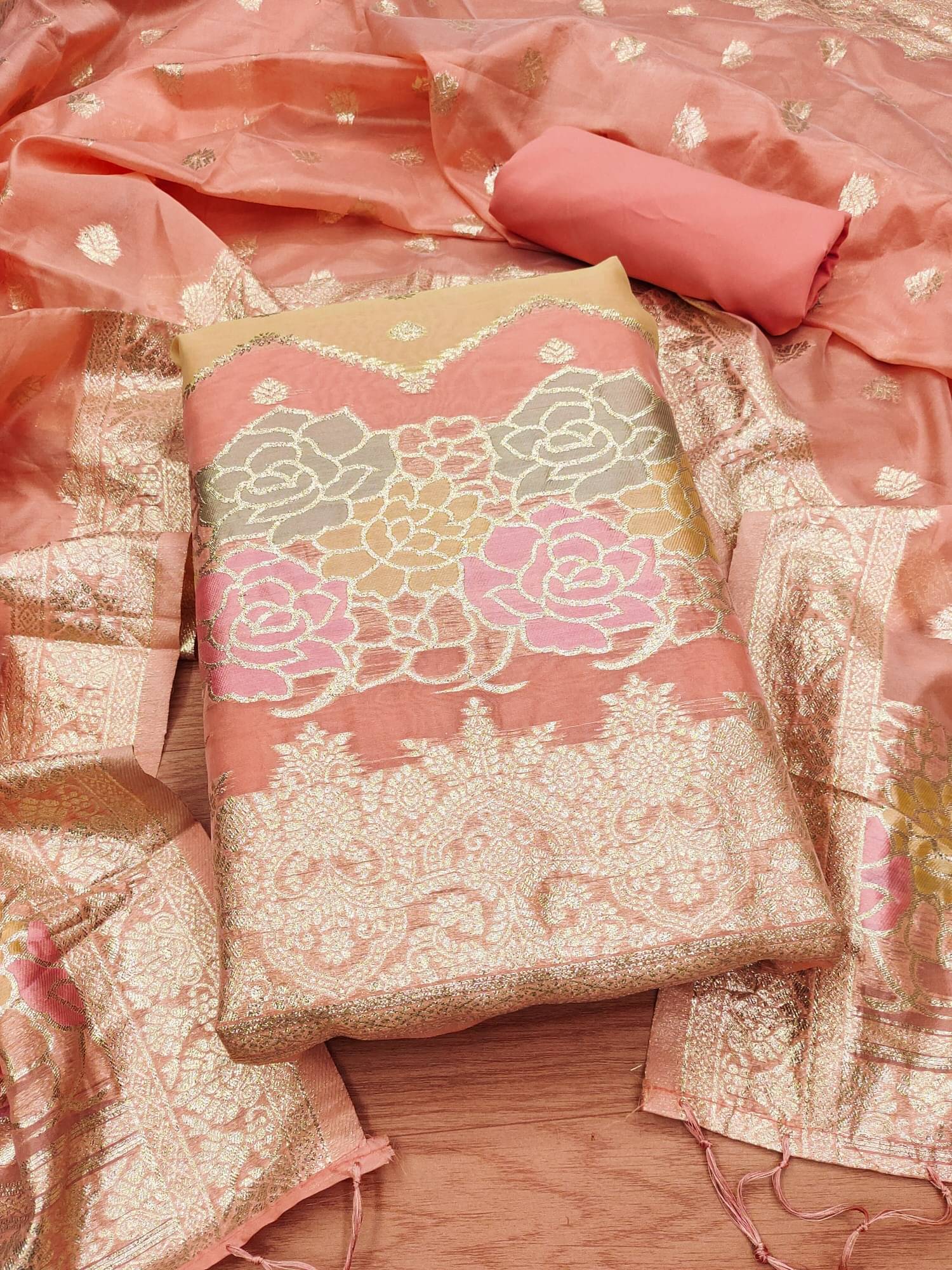 Panbai sarees Women Organza Unstitched Dress Material ( Peach ) Panbai sarees Women Organza Unstitched Dress Material ( Peach )