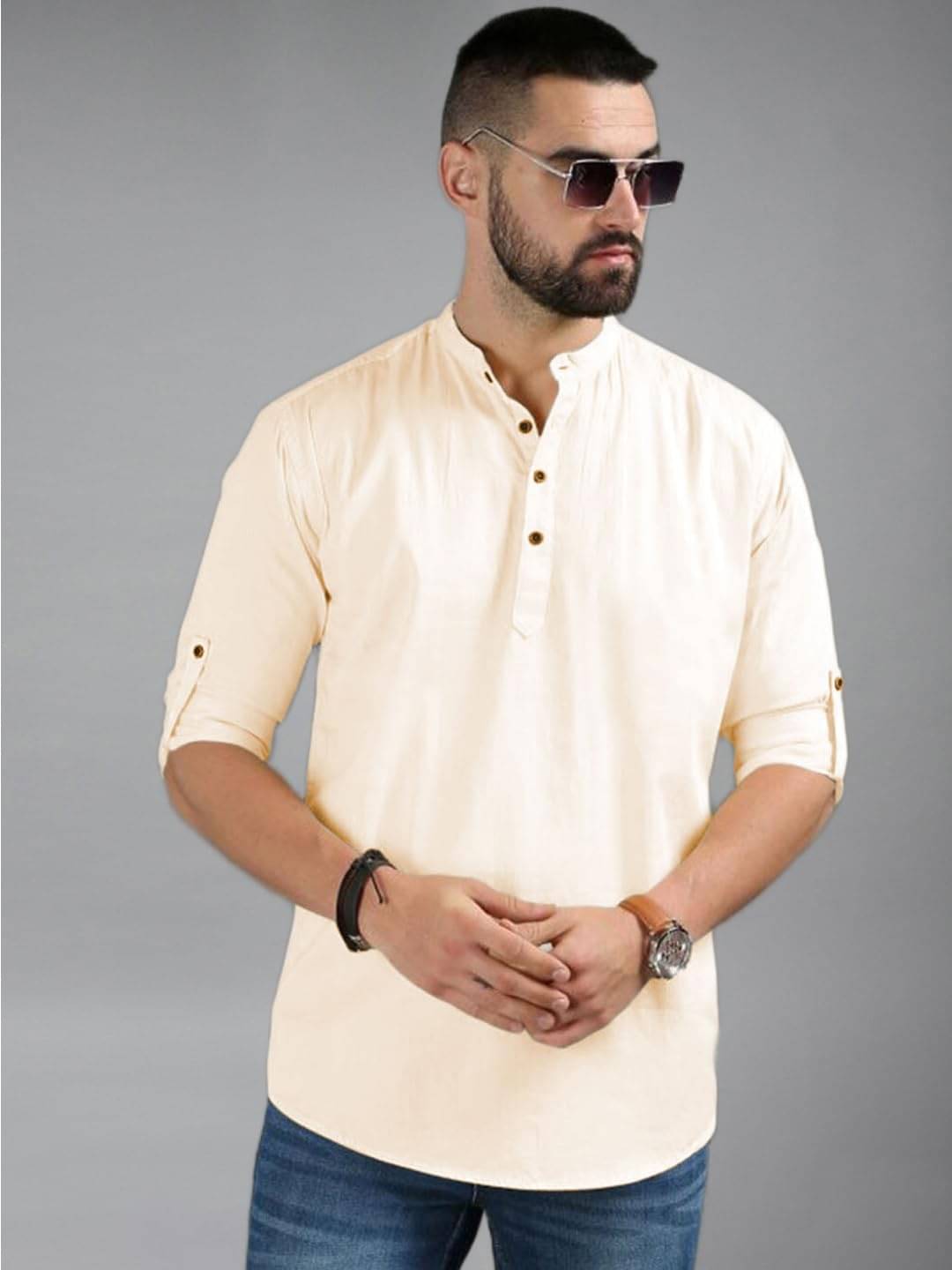     			UNI VIBE Beige Cotton Blend Men's Shirt Style Kurta ( Pack of 1 )