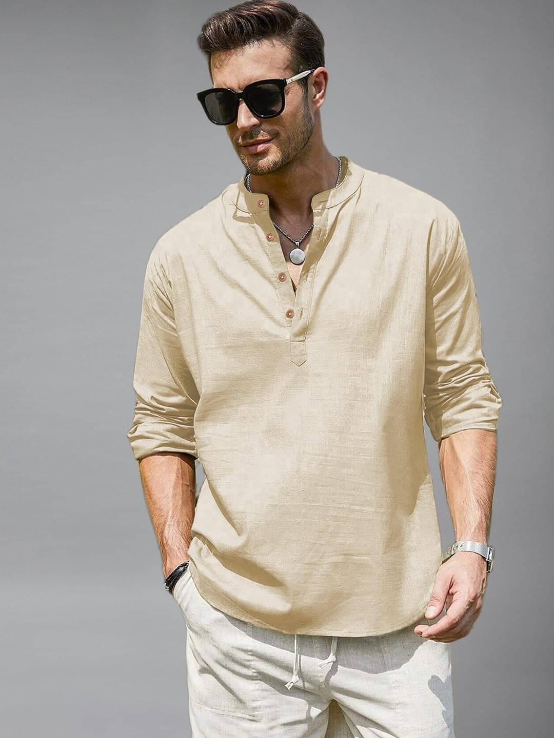     			UNI VIBE Beige Cotton Blend Men's Shirt Style Kurta ( Pack of 1 )