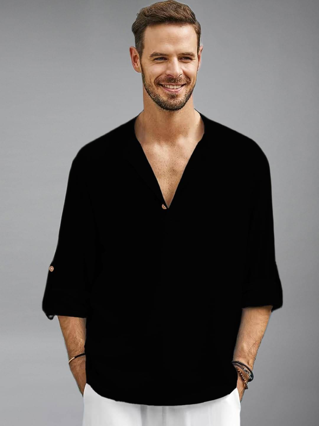 UNI VIBE Black Cotton Blend Men's Shirt Style Kurta ( Pack of 1 )     			UNI VIBE Black Cotton Blend Men's Shirt Style Kurta ( Pack of 1 )