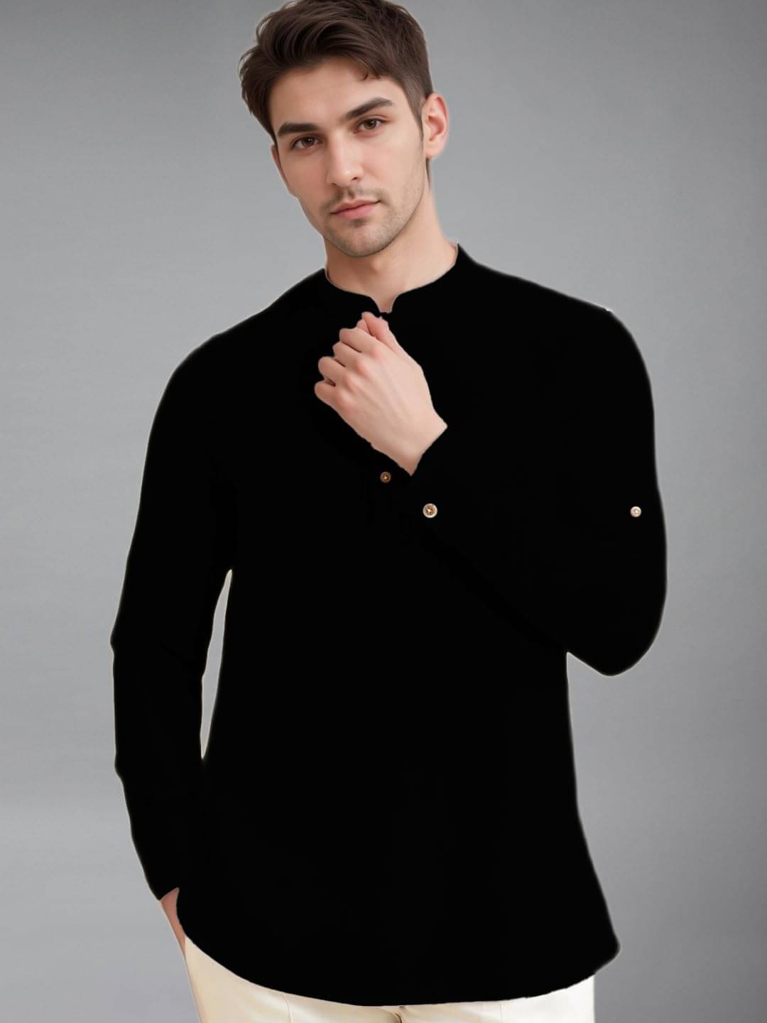     			UNI VIBE Black Cotton Blend Men's Shirt Style Kurta ( Pack of 1 )