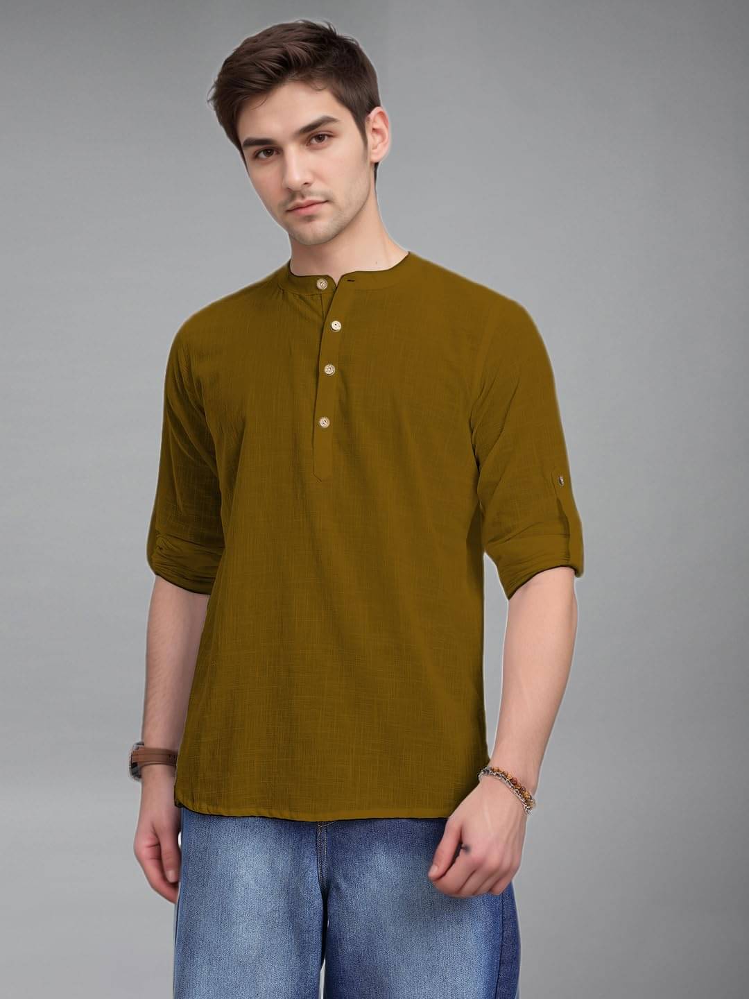     			UNI VIBE Brown Cotton Blend Men's Shirt Style Kurta ( Pack of 1 )