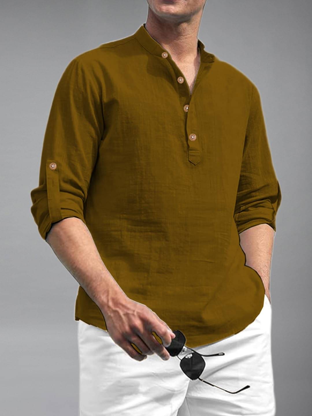     			UNI VIBE Brown Cotton Blend Men's Shirt Style Kurta ( Pack of 1 )