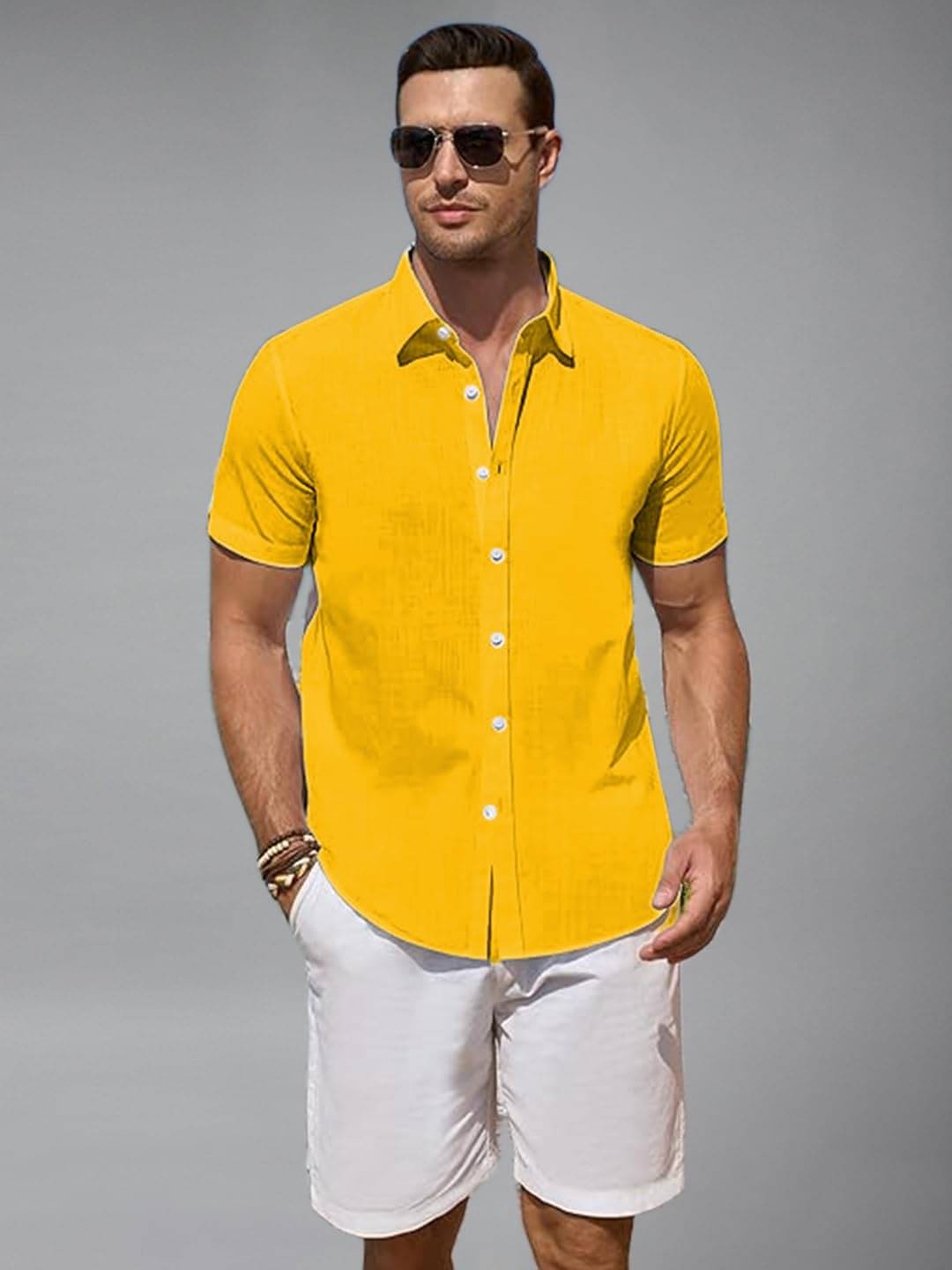     			UNI VIBE Cotton Blend Slim Fit Solids Half Sleeves Men's Casual Shirt - Yellow ( Pack of 1 )