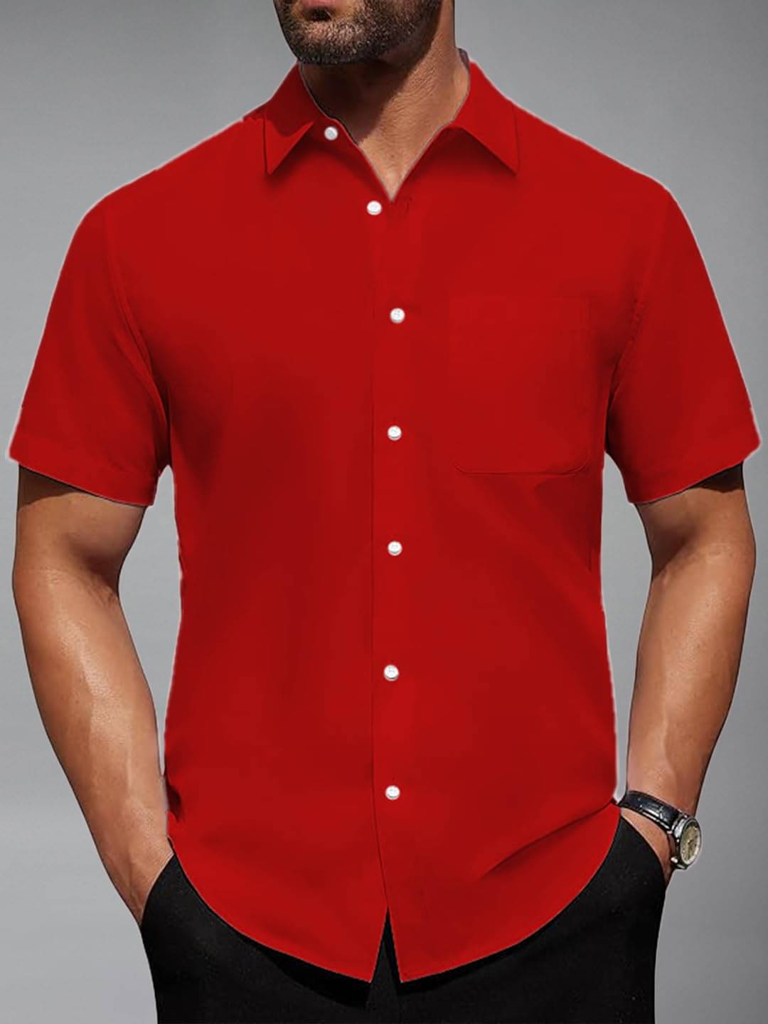UNI VIBE Cotton Blend Slim Fit Solids Half Sleeves Men's Casual Shirt - Red ( Pack of 1 )     			UNI VIBE Cotton Blend Slim Fit Solids Half Sleeves Men's Casual Shirt - Red ( Pack of 1 )