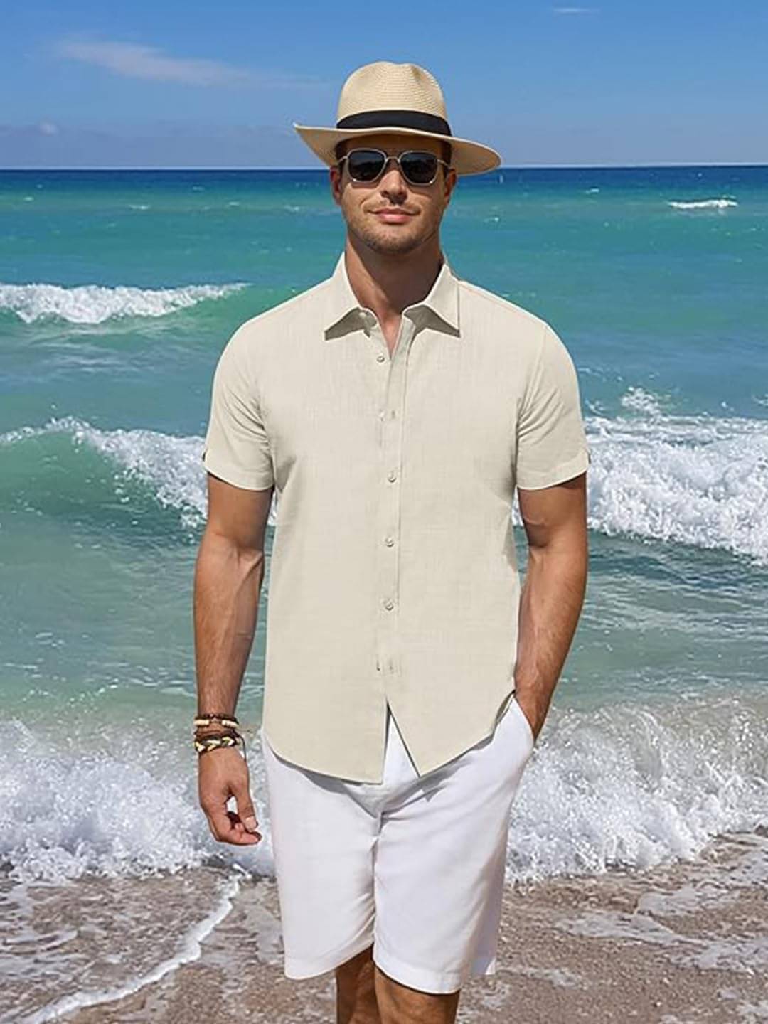     			UNI VIBE Cotton Blend Slim Fit Solids Half Sleeves Men's Casual Shirt - Beige ( Pack of 1 )