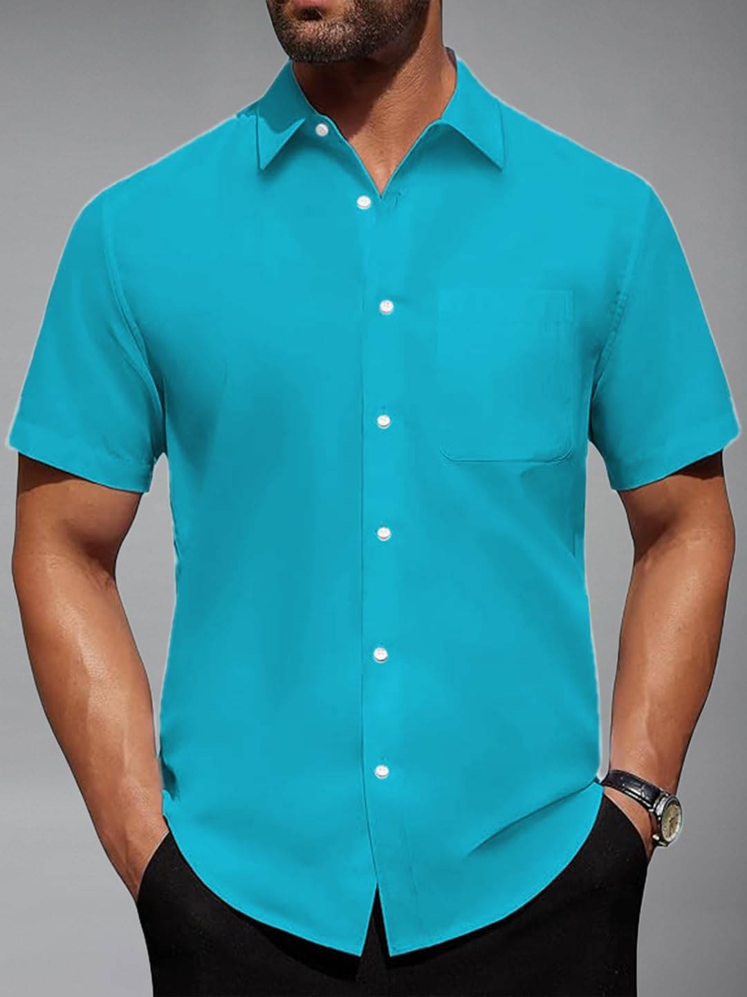 UNI VIBE Cotton Blend Slim Fit Solids Half Sleeves Men's Casual Shirt - Turquoise ( Pack of 1 ) UNI VIBE Cotton Blend Slim Fit Solids Half Sleeves Men's Casual Shirt - Turquoise ( Pack of 1 )